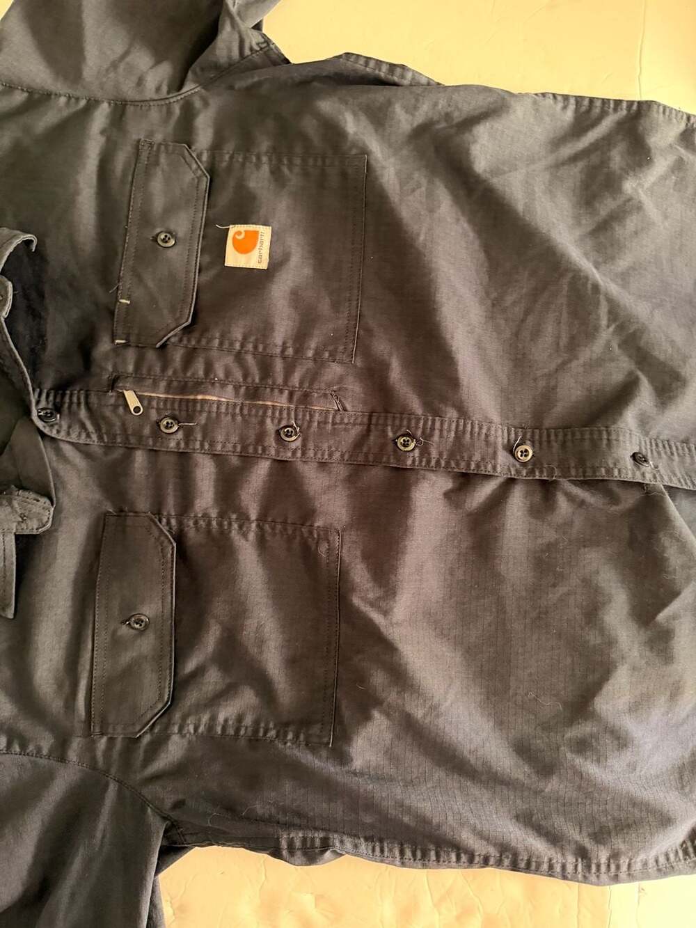 Carhartt Men's Short Sleeve Button Up Work Shirt W/ Zip Pocket Navy Blue Size L - Picture 3 of 8